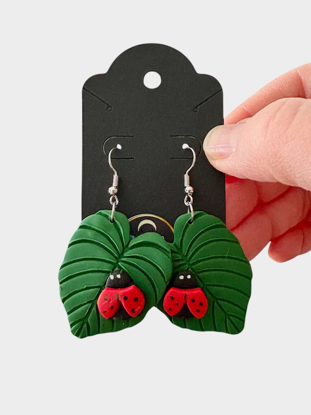 Green Leaf Earrings with Red Ladybugs